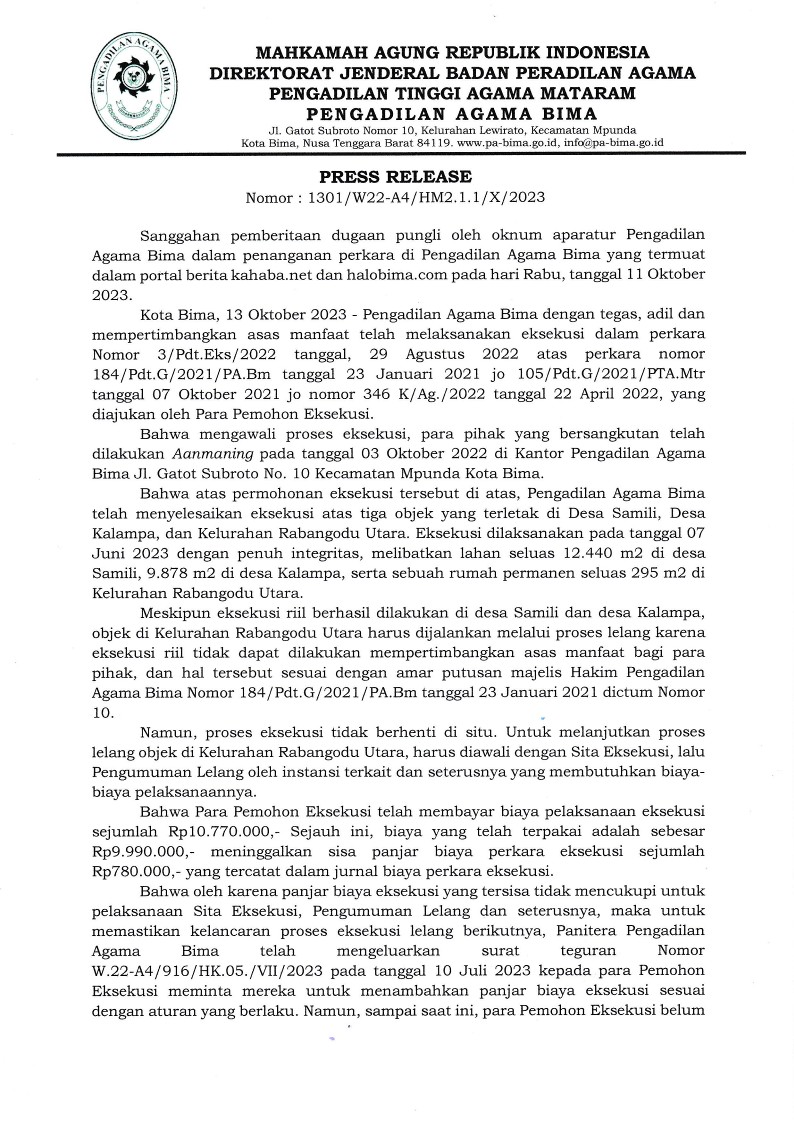 Press Release PA Bima 1